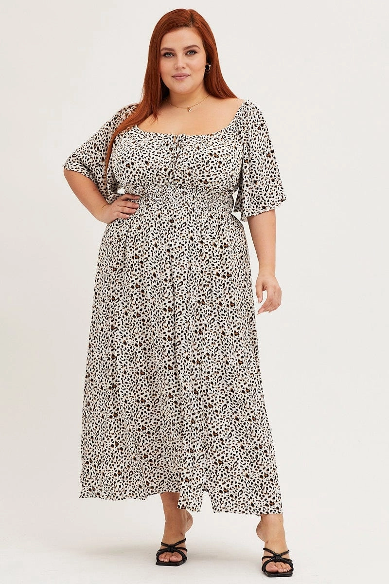 Dinner Outfit HypoallergenicFiber Animal Print Short Sleeve Midi Dress