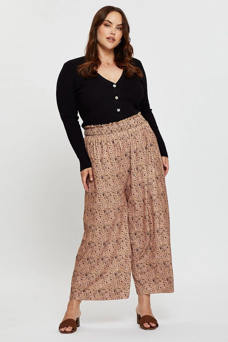 Animal Print Wide Leg Pants High Rise Shirred Waist Chilly Comfort Simple Silhouette