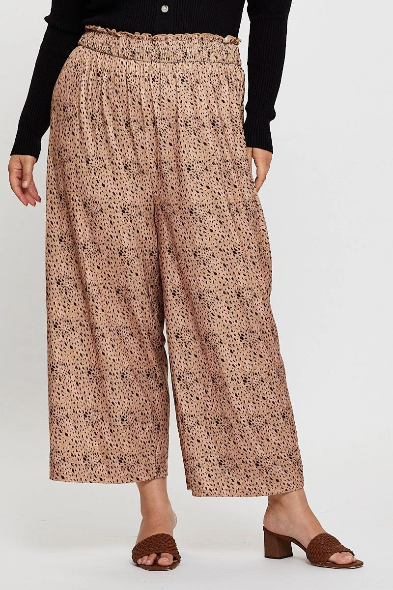 Flexible Design Animal Print Wide Leg Pants High Rise Shirred Waist