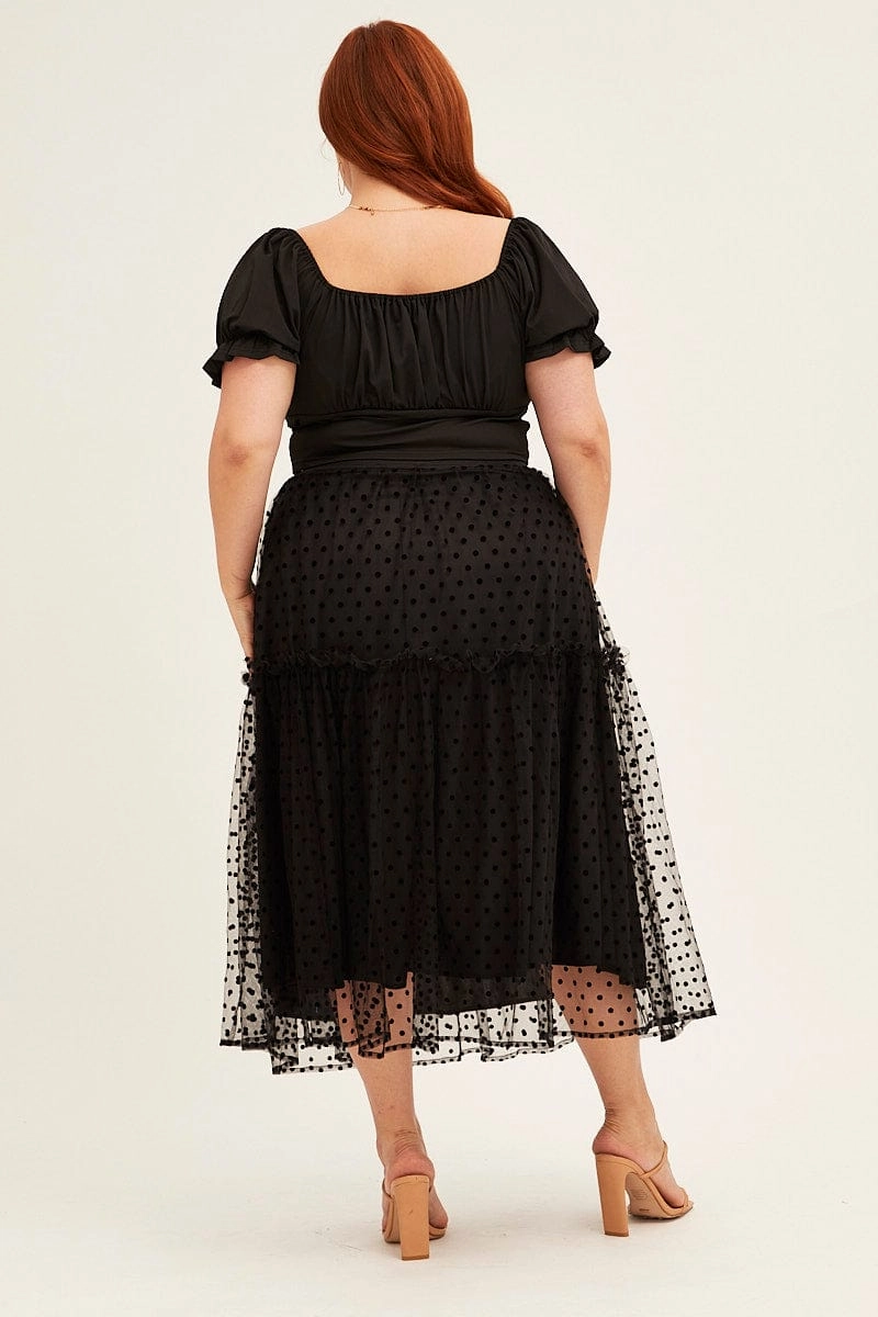 Layered Hem flowy silhouette Polka Dot Midi Skirt Tulle Spot Elastic Waist Party