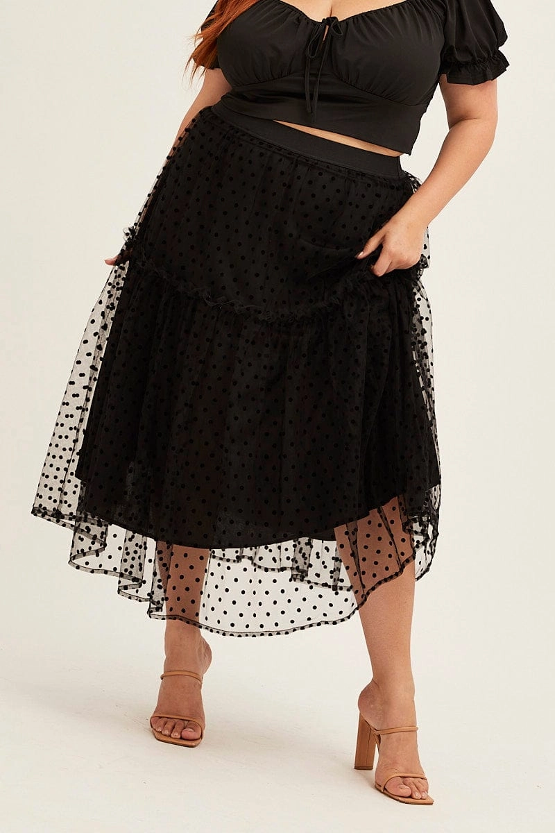 Erasable Crease Polka Dot Midi Skirt Tulle Spot Elastic Waist Party
