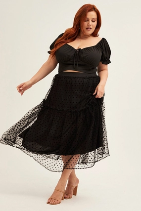 Tiered hem Eco Friendly Polka Dot Midi Skirt Tulle Spot Elastic Waist Party