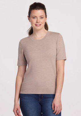 Anna Crew Sweater - Sandstone Haze Ribbed Cuffs fringe accents