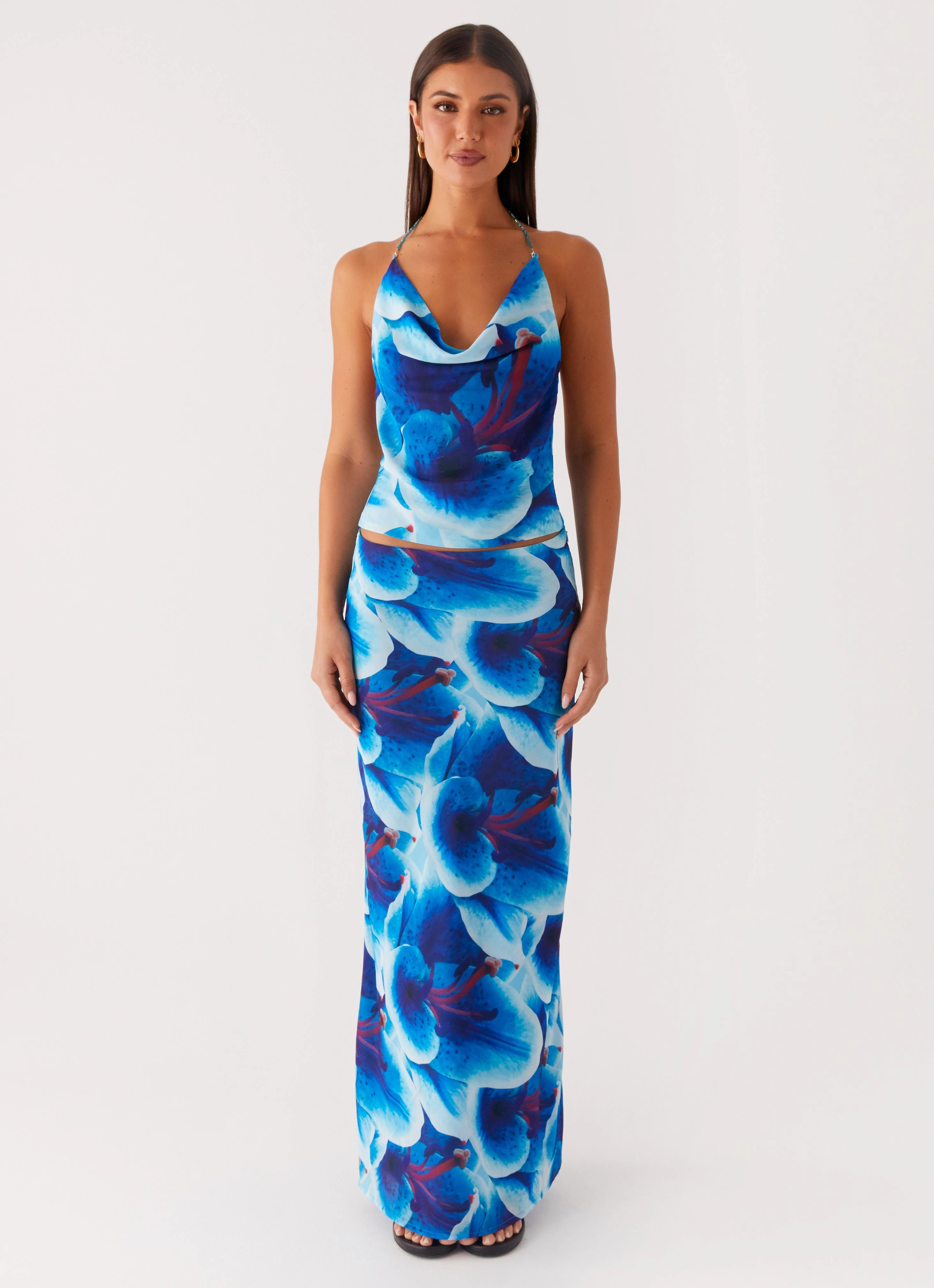 Another Life Chiffon Maxi Skirt - Turquoise Floral Invisible Seams Unisex style