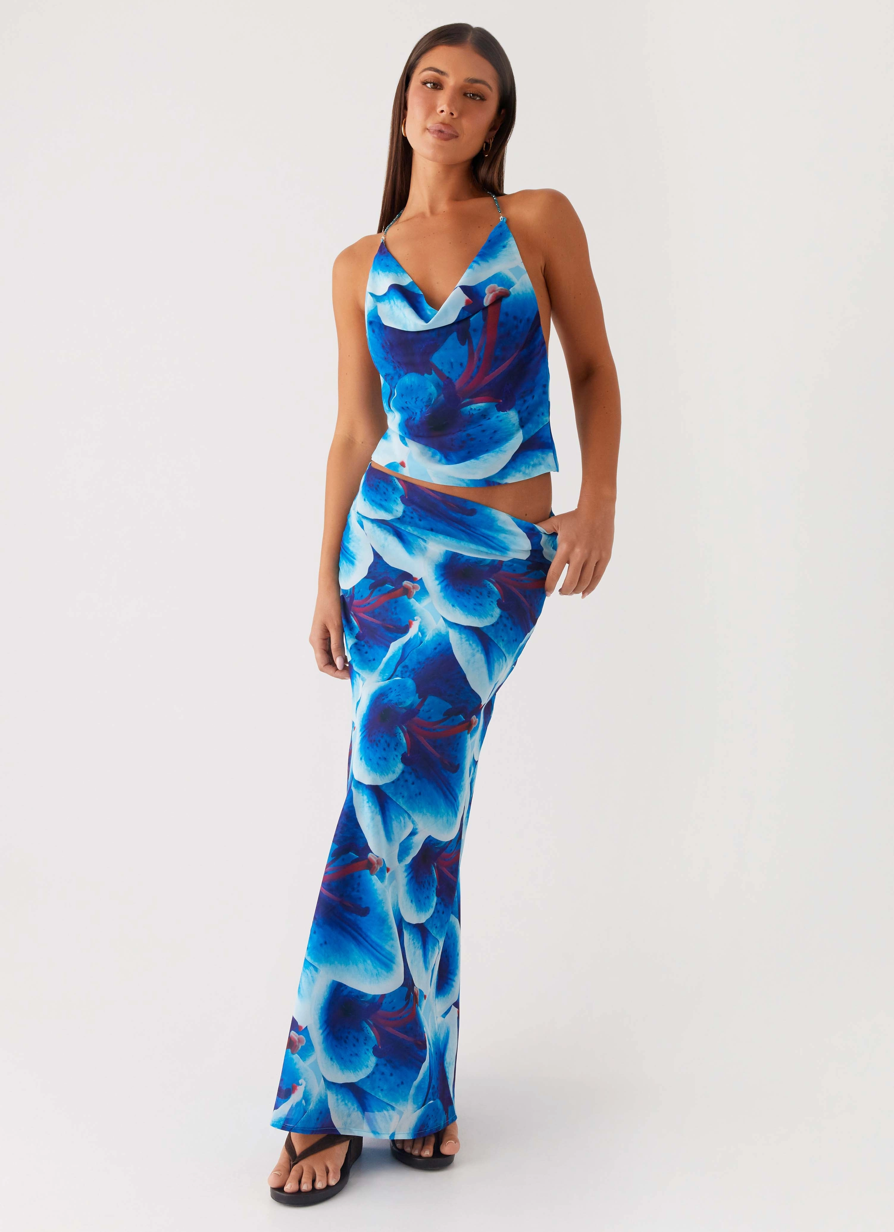 Another Life Chiffon Maxi Skirt - Turquoise Floral Everyday Line