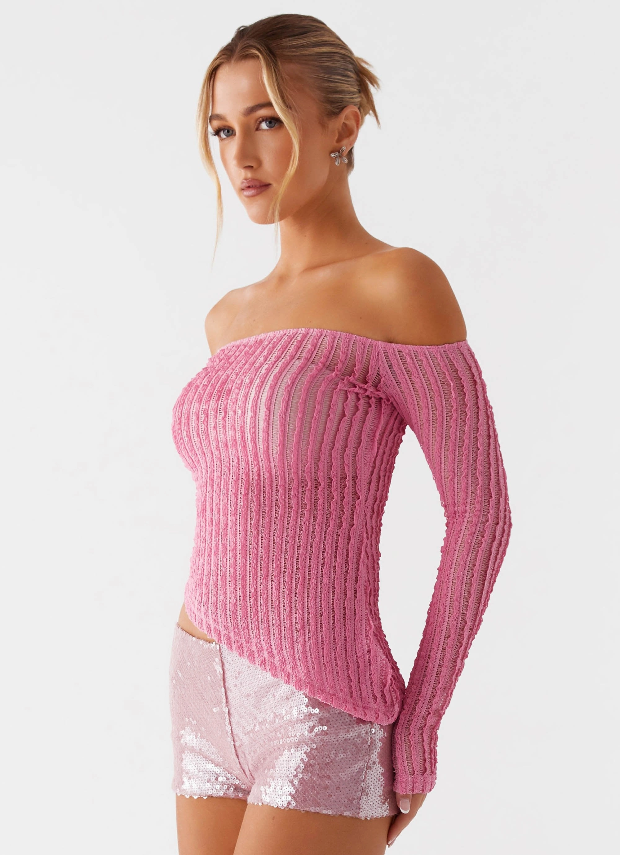 Raquel Off Shoulder Long Sleeve Top - Pink UV - Protected Beautify