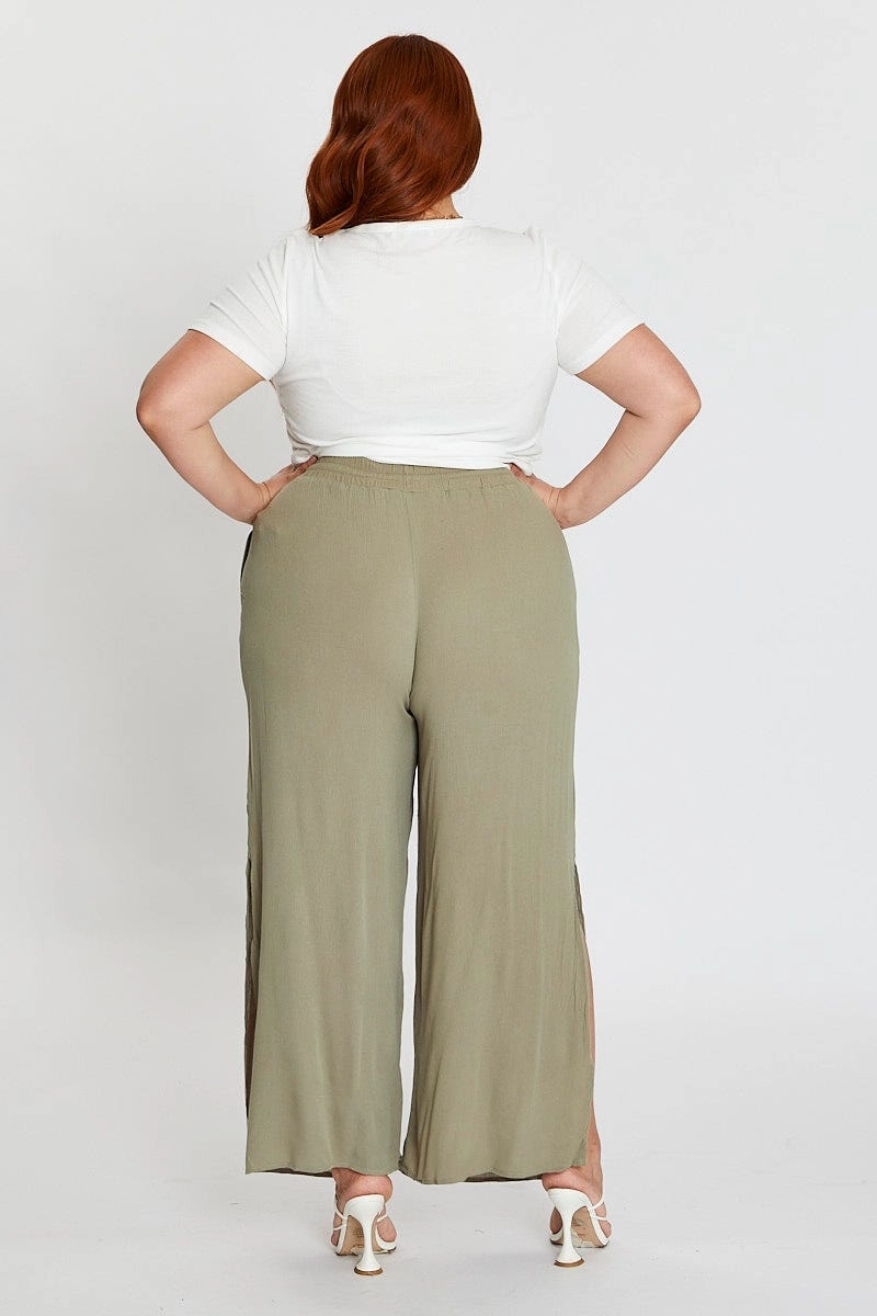 Green Elastic Waist Brown Crinkle Wide Leg Pants Quick Dry Technology