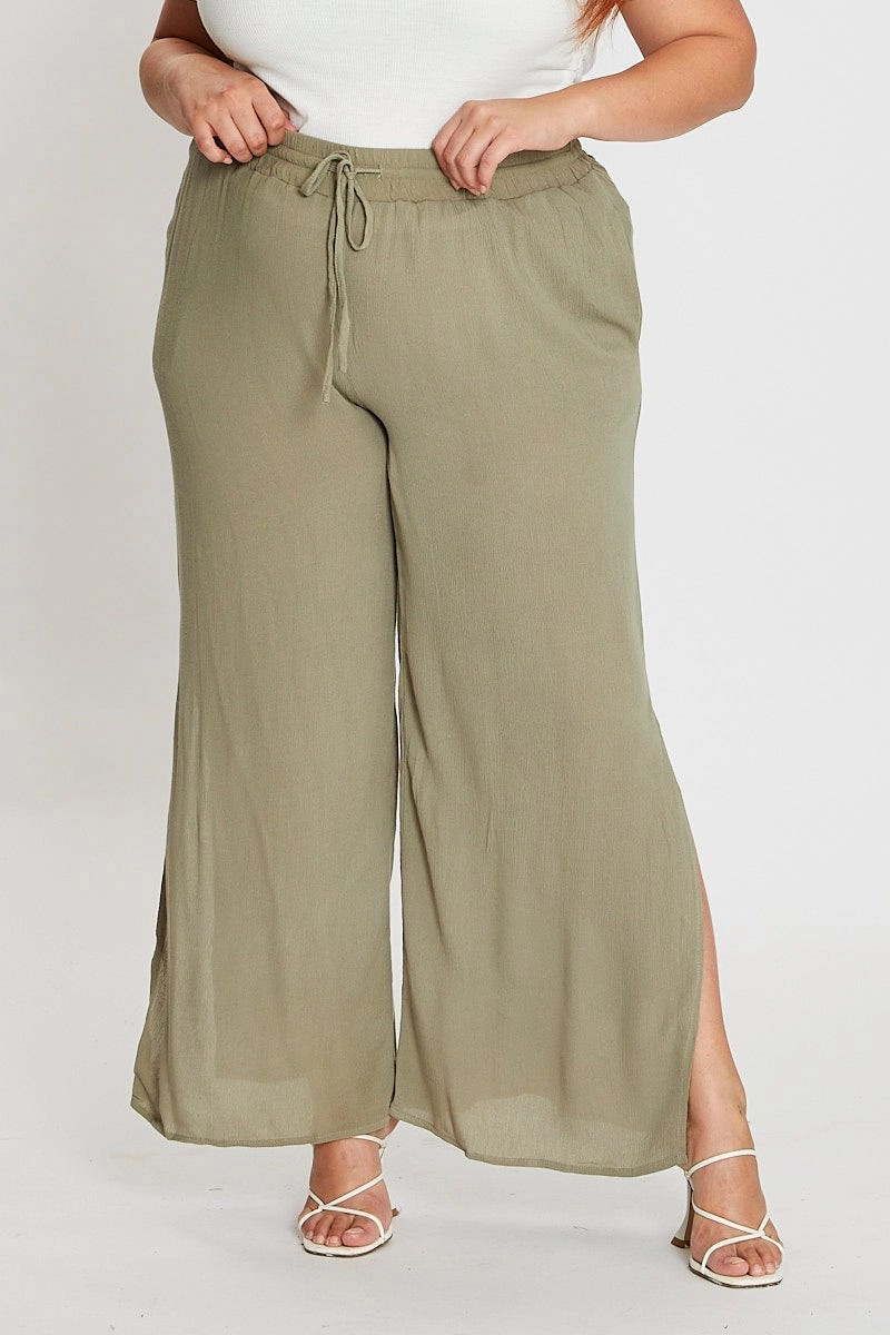 Green Elastic Waist Brown Crinkle Wide Leg Pants Minimal Cut Core Support