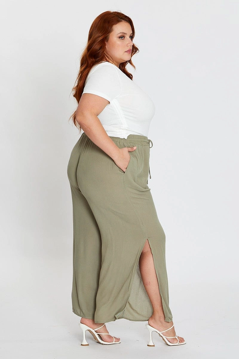 Green Elastic Waist Brown Crinkle Wide Leg Pants EcoFriendlyMaterials