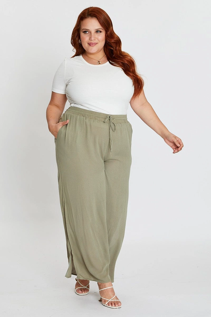 Green Elastic Waist Brown Crinkle Wide Leg Pants Anti Pilling Finish