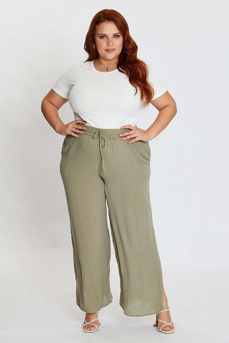 Weekend Wear Sustainable Material Blend Green Elastic Waist Brown Crinkle Wide Leg Pants