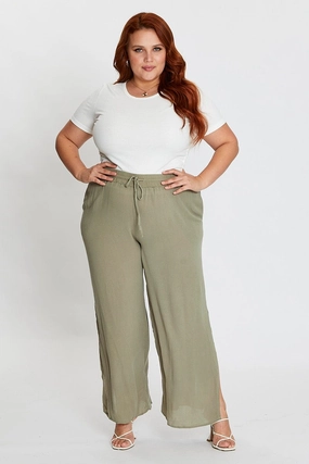 Weekend Wear Sustainable Material Blend Green Elastic Waist Brown Crinkle Wide Leg Pants