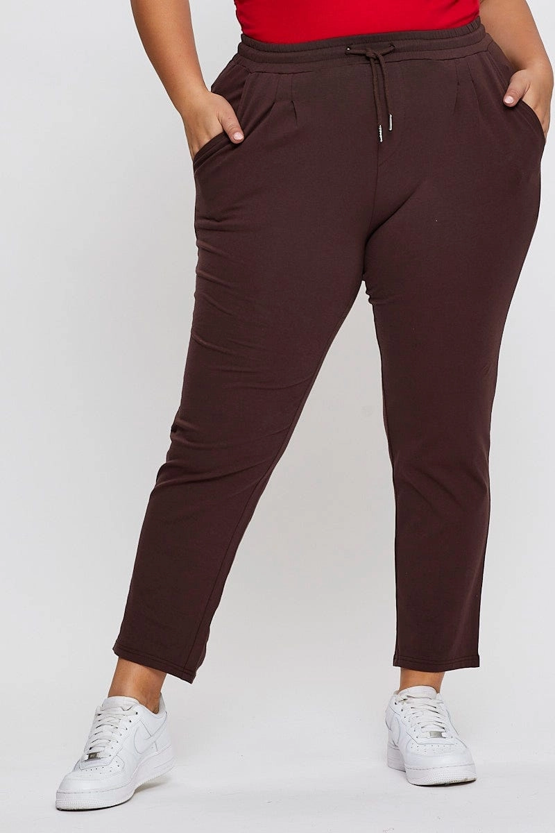Brown Track Pants Mid Rise Drawstring Sleek Fit ReinforcedHemline