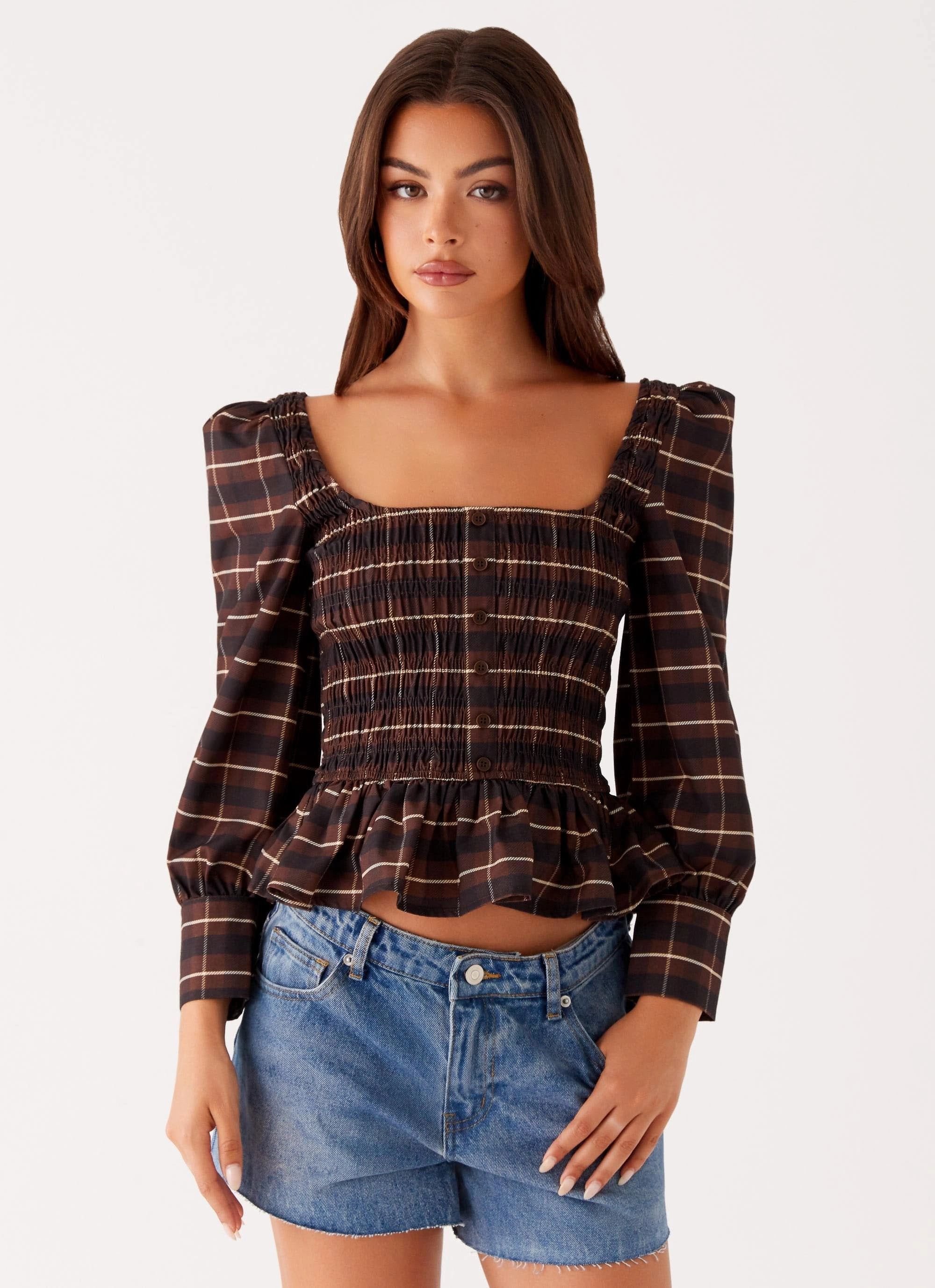 Joyce Long Sleeve Shirred Top - Chocolate Check Tight Fit Sandals