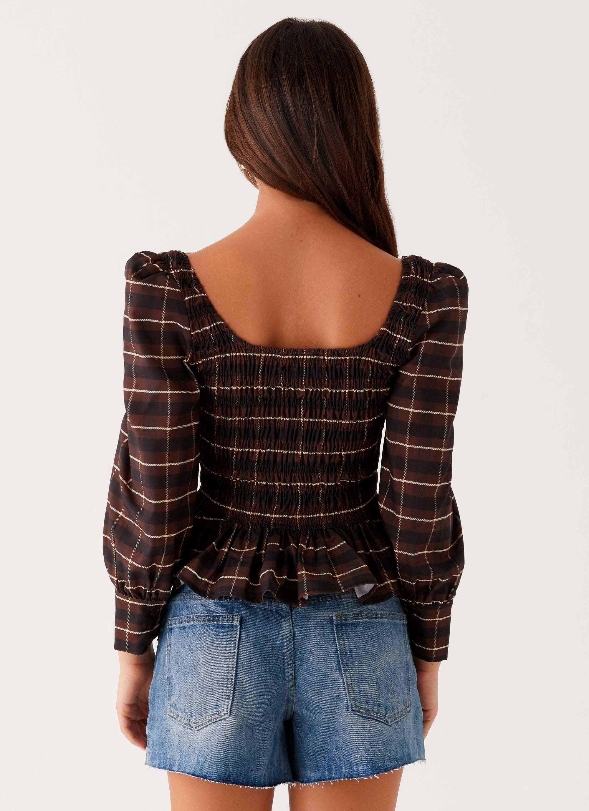 Zip - up Joyce Long Sleeve Shirred Top - Chocolate Check