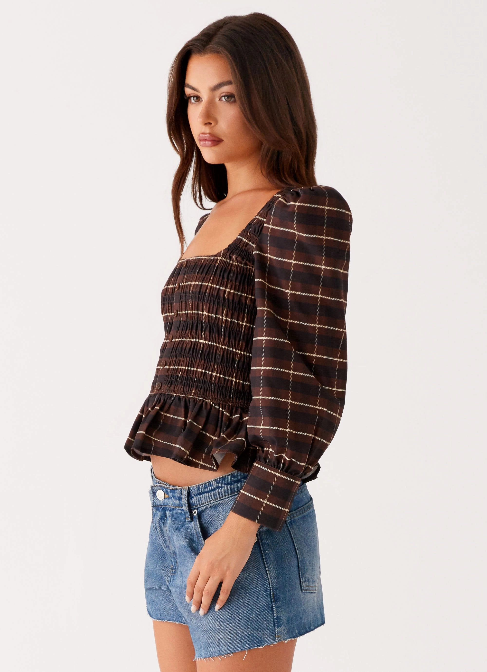 Joyce Long Sleeve Shirred Top - Chocolate Check Teacher