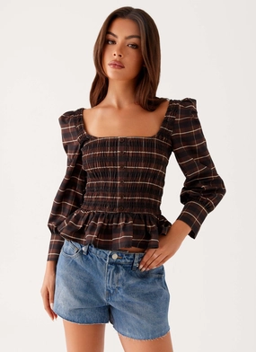 Joyce Long Sleeve Shirred Top - Chocolate Check Toothpaste Youth Fit
