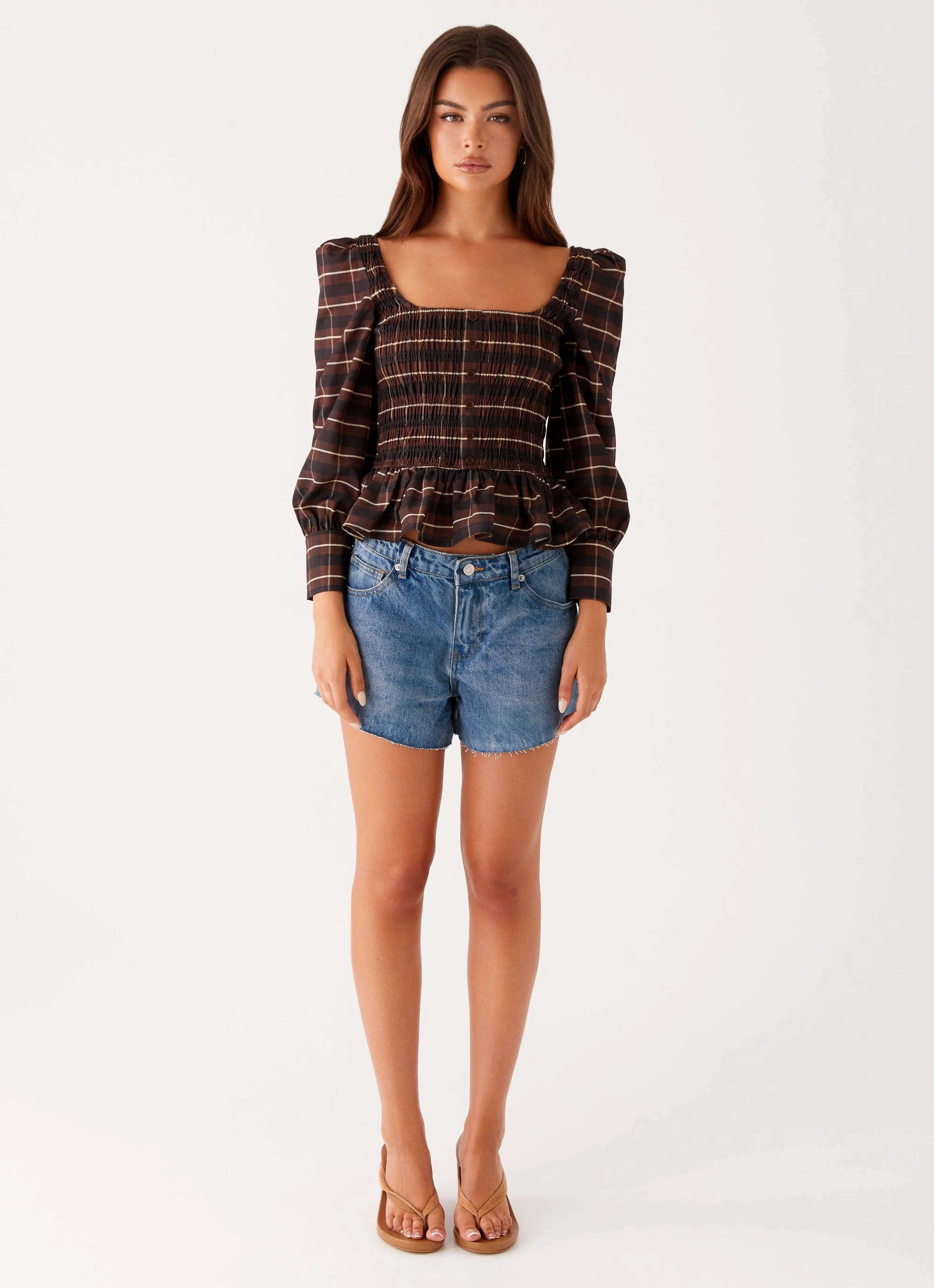 Joyce Long Sleeve Shirred Top - Chocolate Check Fitness