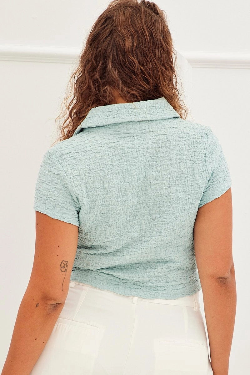 Blue Cropped Shirt Button Bubble Lace Winter Fashion Chill Fit
