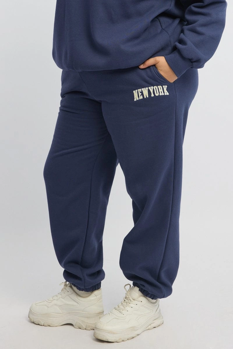 Blue Embroidered Elastic Waist Track Pants Roomy Fit MultiPocketSystem