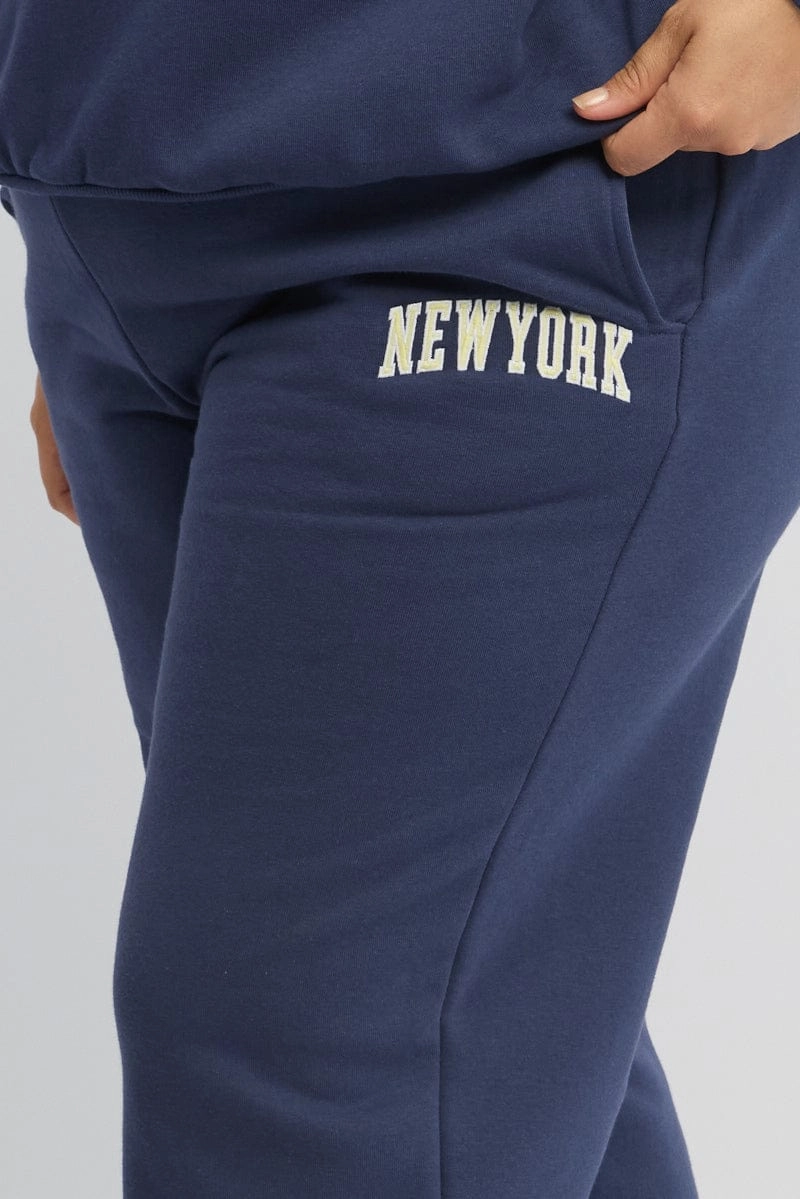 Travel Ready Blue Embroidered Elastic Waist Track Pants