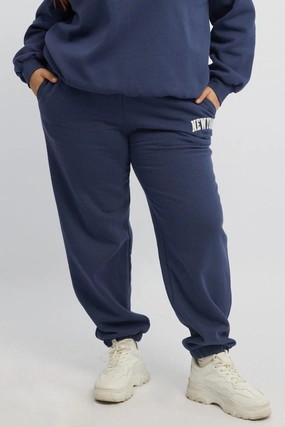 Blue Embroidered Elastic Waist Track Pants Loose Design