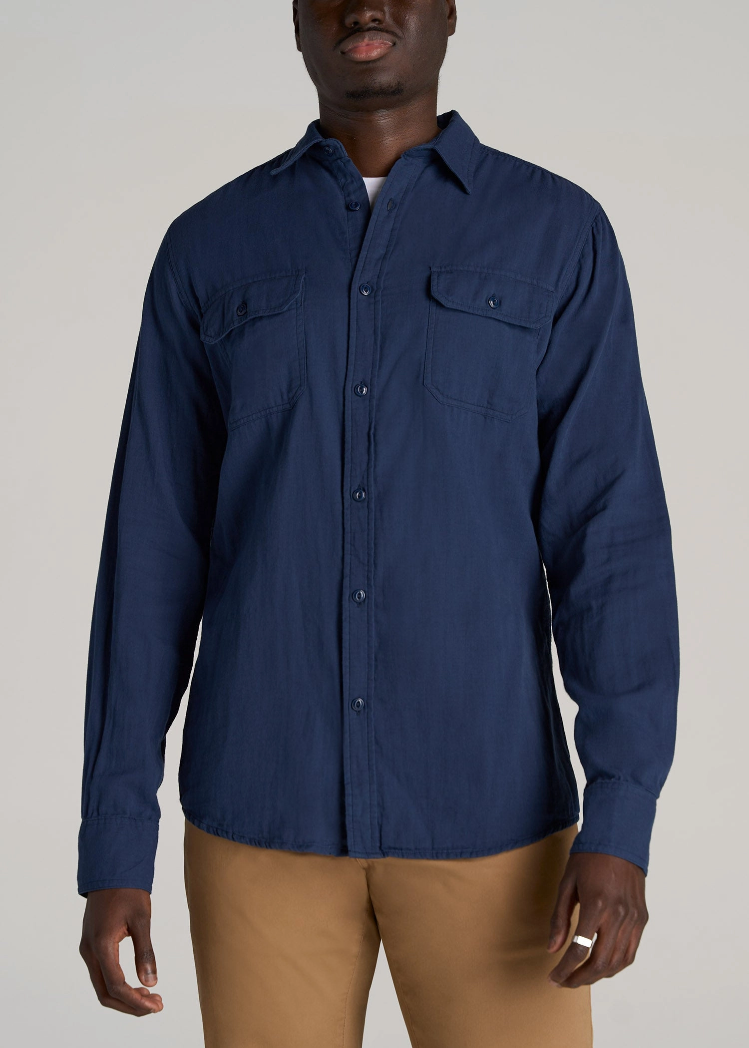 LJ&S Double Weave Shirt for Tall Men in Vintage Midnight Navy FoldableFeature