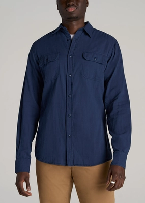 LJ&S Double Weave Shirt for Tall Men in Vintage Midnight Navy Reflective details RecycledPolyesterBlend