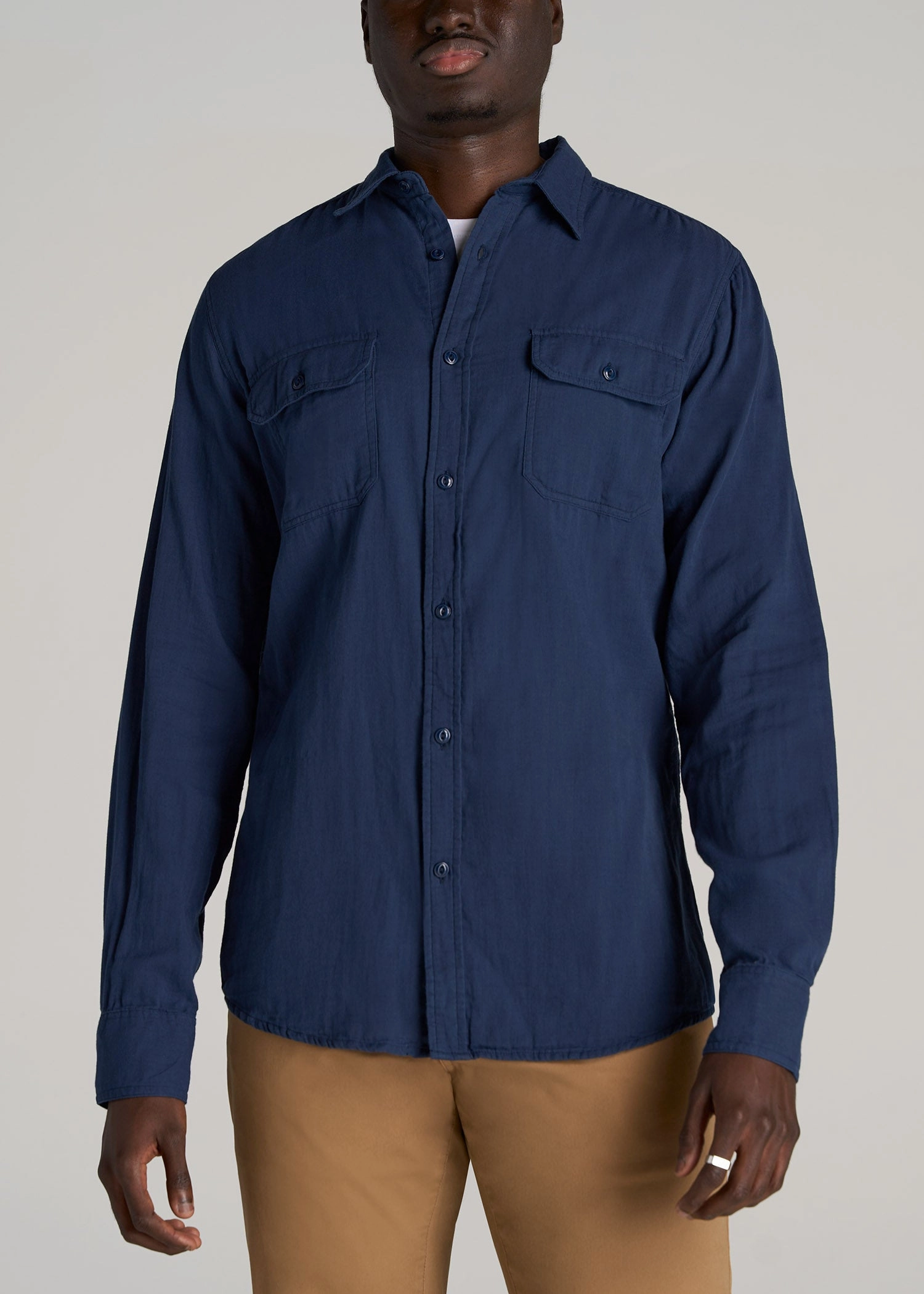 Compact Stitching LJ&S Double Weave Shirt for Tall Men in Vintage Midnight Navy