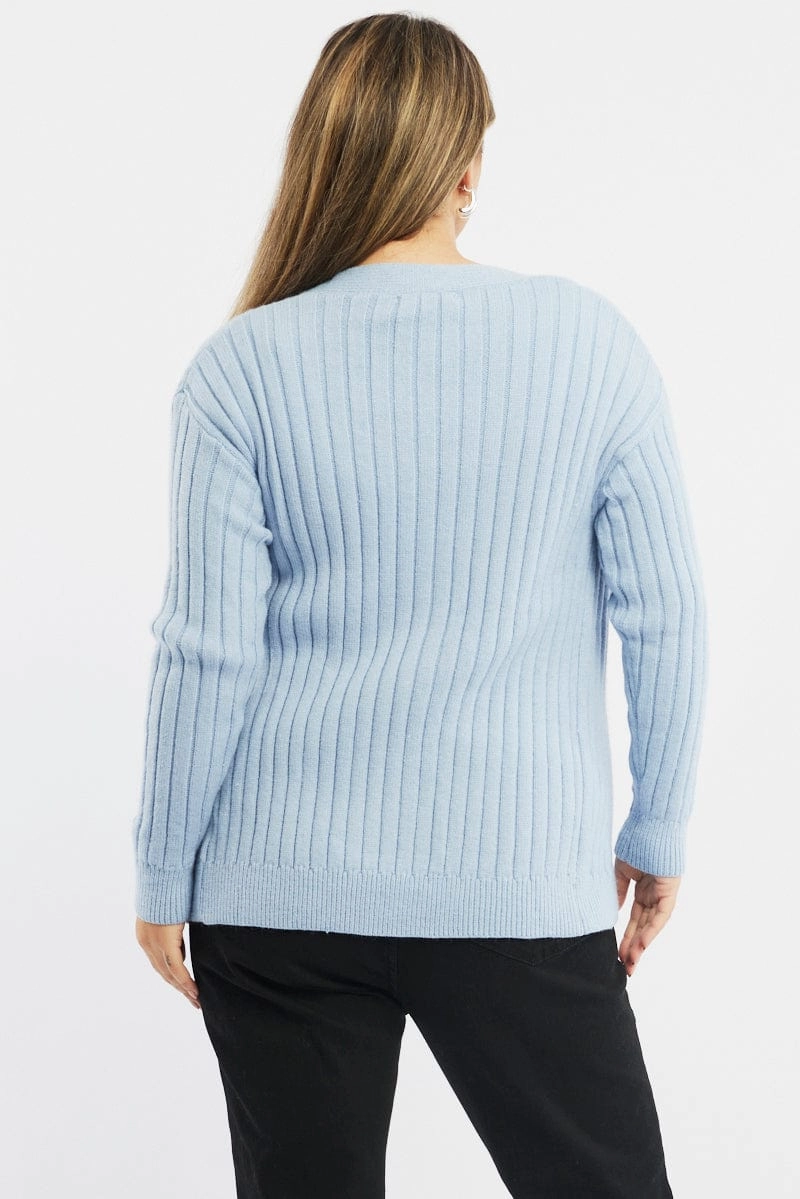 Multi Directional Stretch Stowable Hood Blue Oversized Knit Rib Cardigan