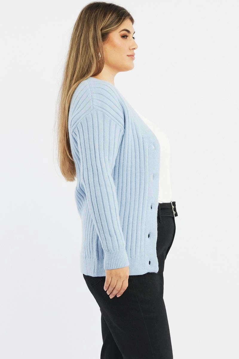 Blue Oversized Knit Rib Cardigan Foldable Design