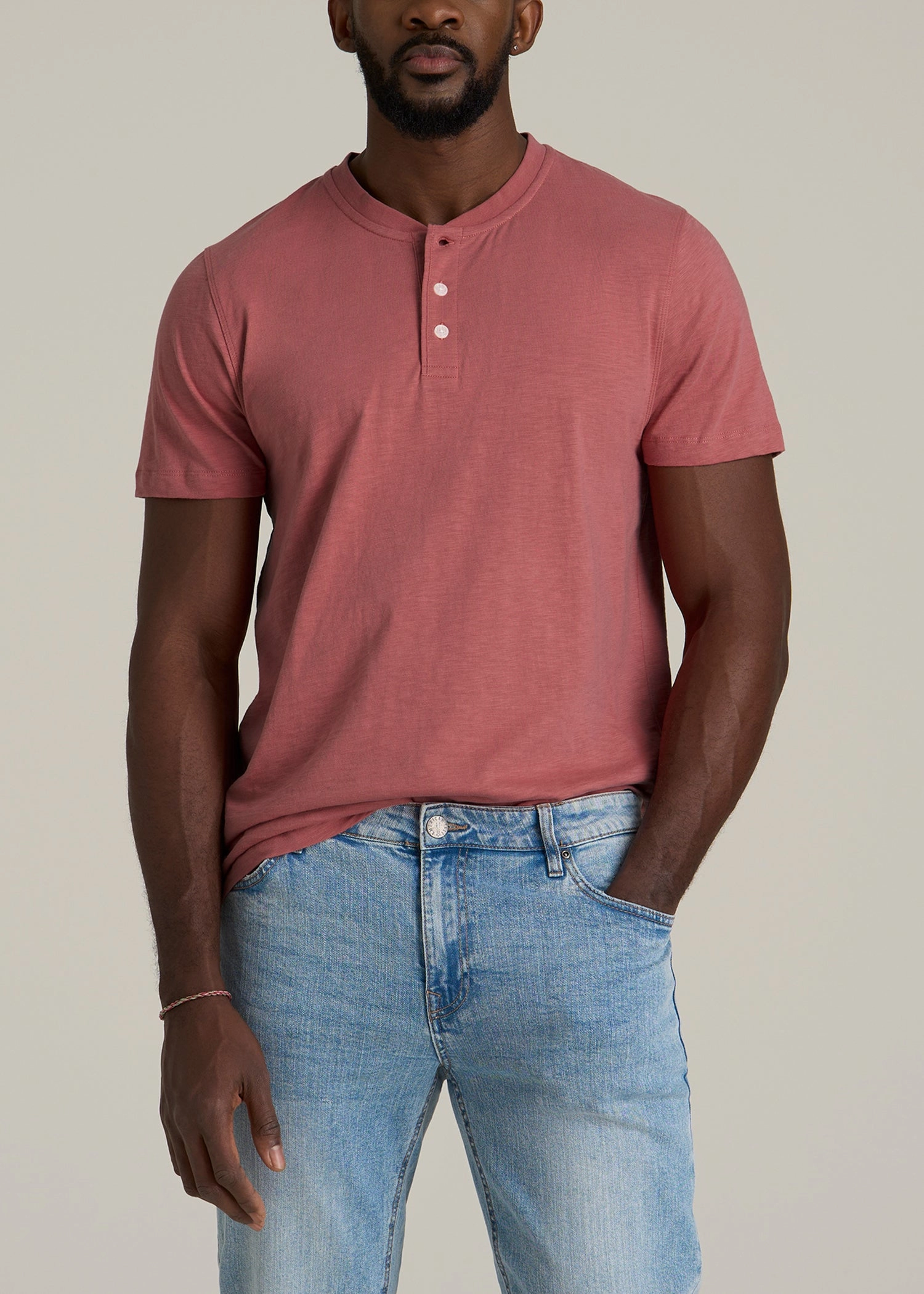 Sunwashed Short Sleeve Slub Henley for Tall Men in Dusty Cedar Summer Wardrobe MultiPocket Design