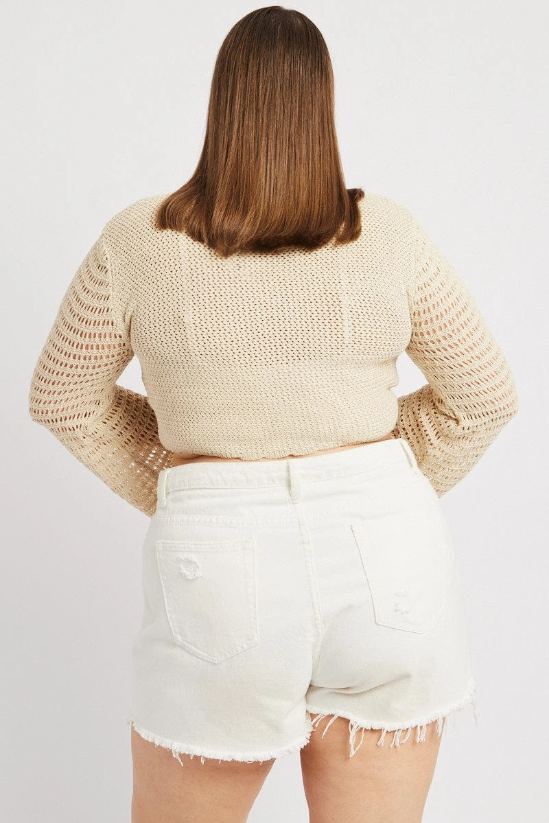 Beige Crochet Cardigan Long Sleeve Tie Front Knit Heat Resistant Fabric Fade Resistant Dye Method