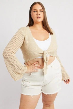 Anti Static Finish Beige Crochet Cardigan Long Sleeve Tie Front Knit