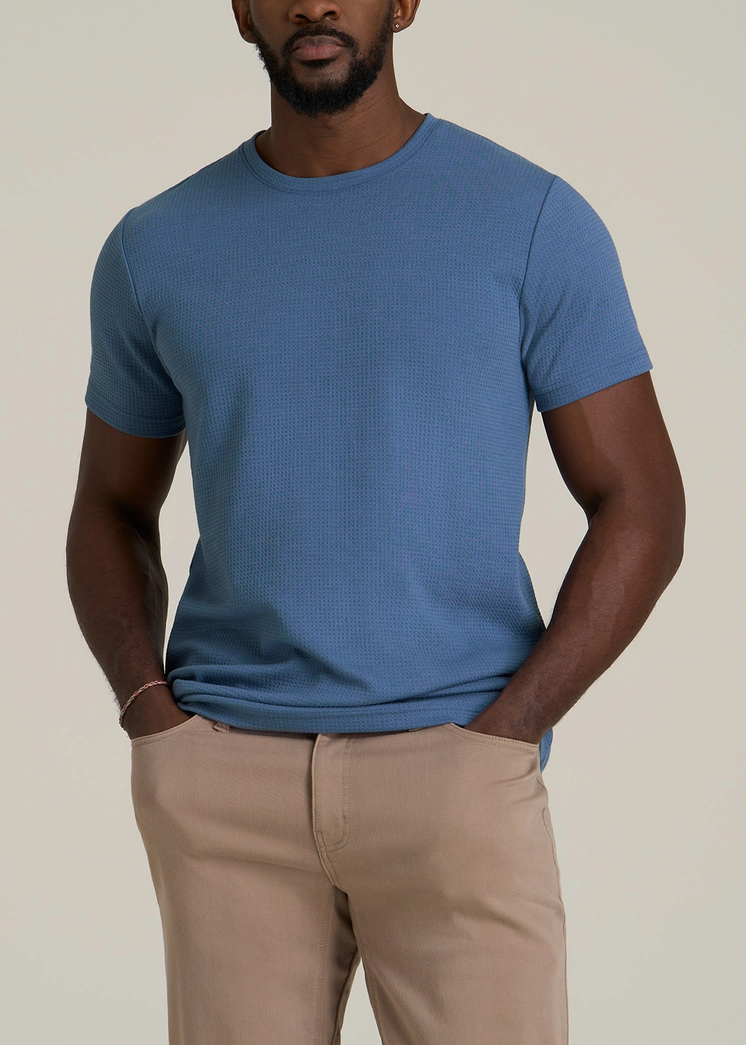 Cloud Knit Waffle Short Sleeve Tee for Tall Men in Deep Cobalt HypoallergenicMaterial Adjustable Hem Cuff