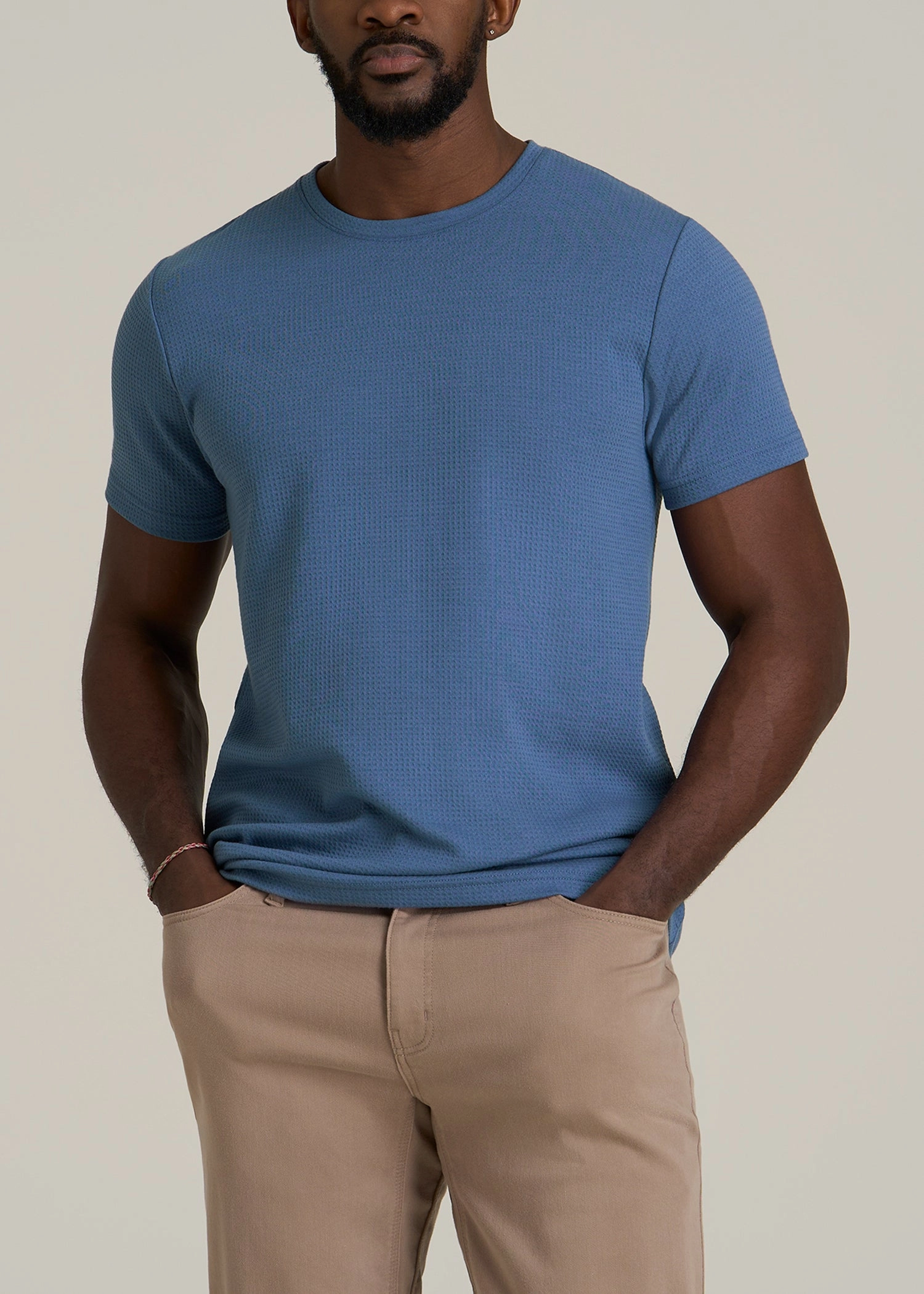 Cloud Knit Waffle Short Sleeve Tee for Tall Men in Deep Cobalt ButtonDownCollar Flatlock Seam Design