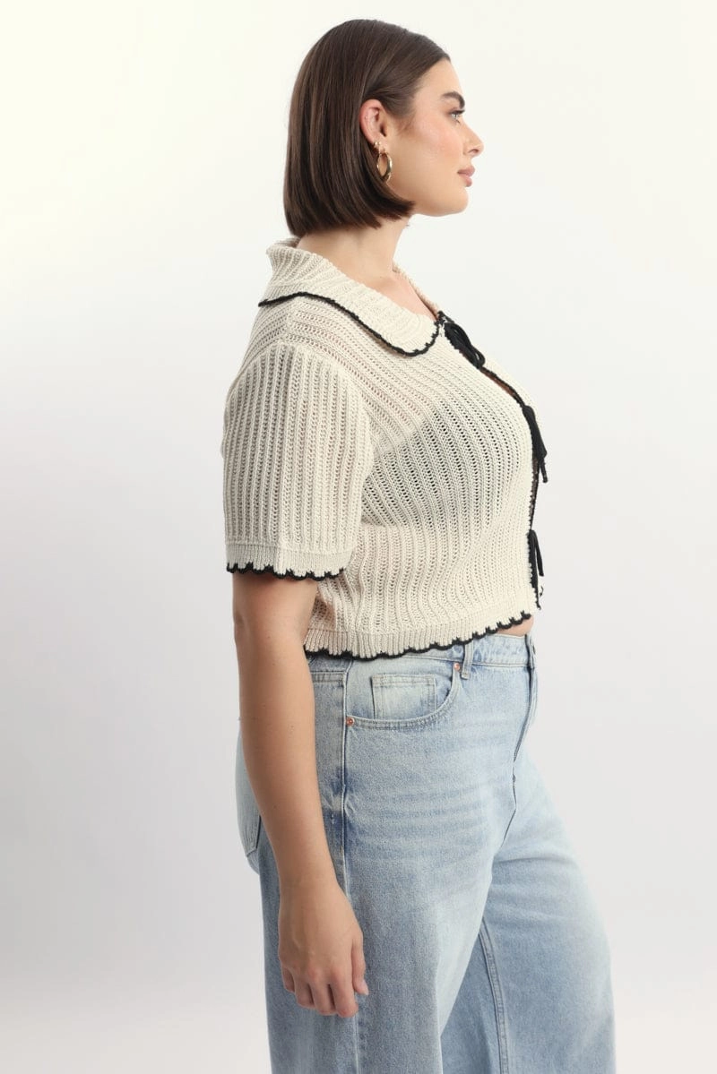 White Collar Knit Cardigan Short Sleeve Tie up HighNeckDesign