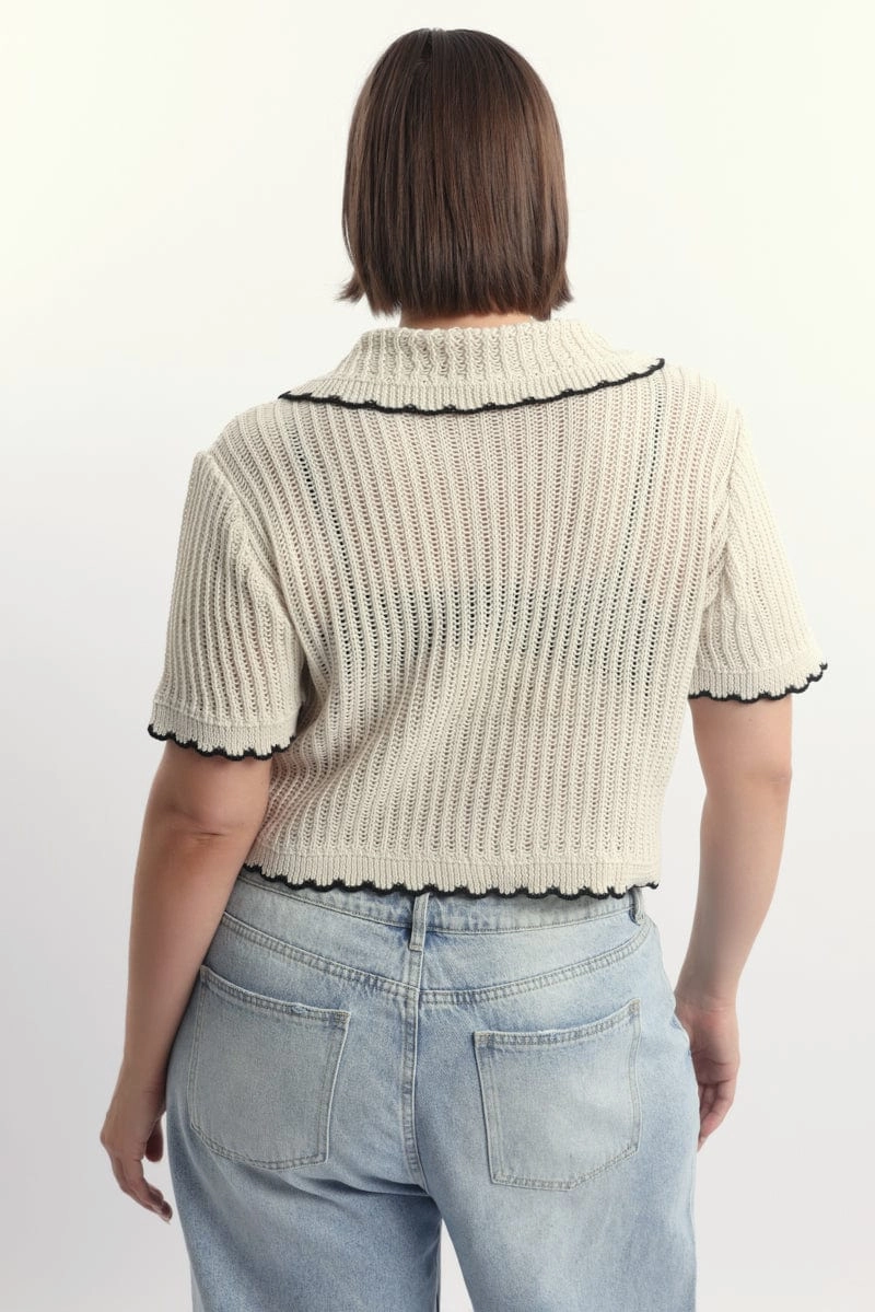 Mild Weather White Collar Knit Cardigan Short Sleeve Tie up