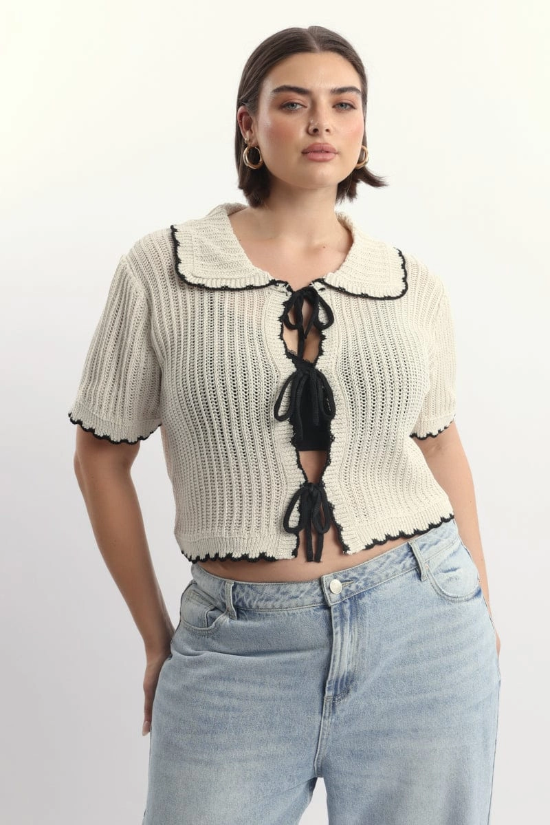 White Collar Knit Cardigan Short Sleeve Tie up Waist Belt