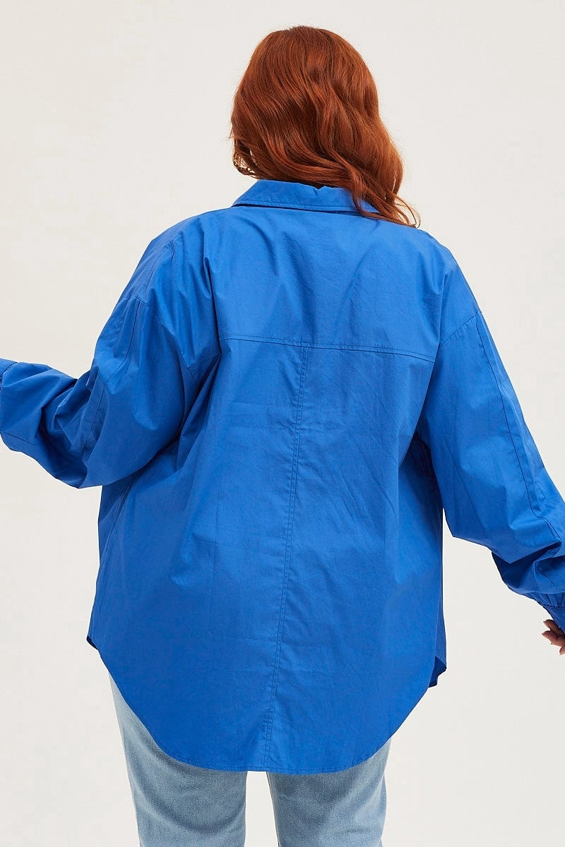 Reinforced Shoulders Blue Long Sleeve Oversized Cotton Shirt