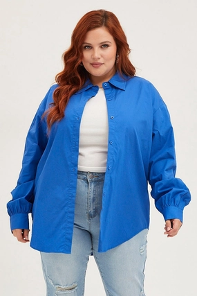Compact Packing Blue Long Sleeve Oversized Cotton Shirt