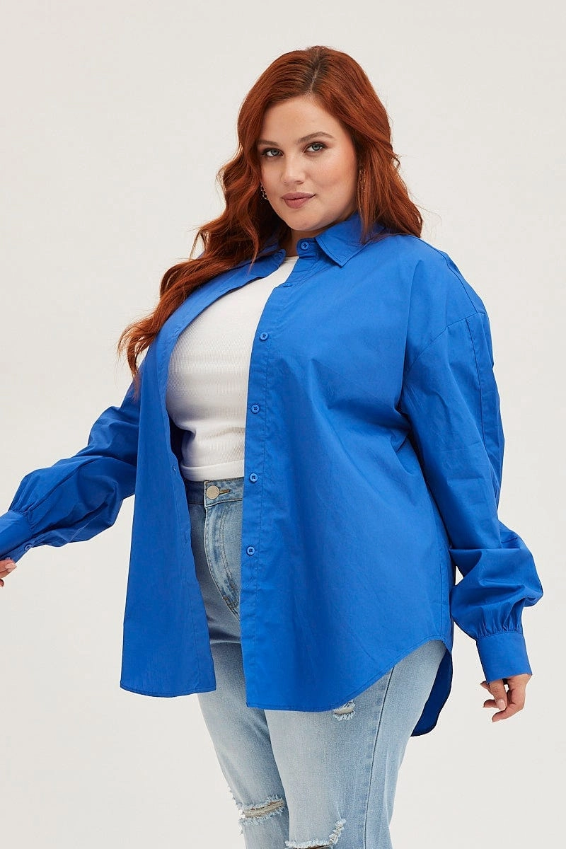 Mature appeal Holiday Outfit Blue Long Sleeve Oversized Cotton Shirt