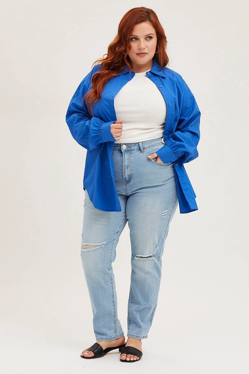 Blue Long Sleeve Oversized Cotton Shirt Flexible Knit