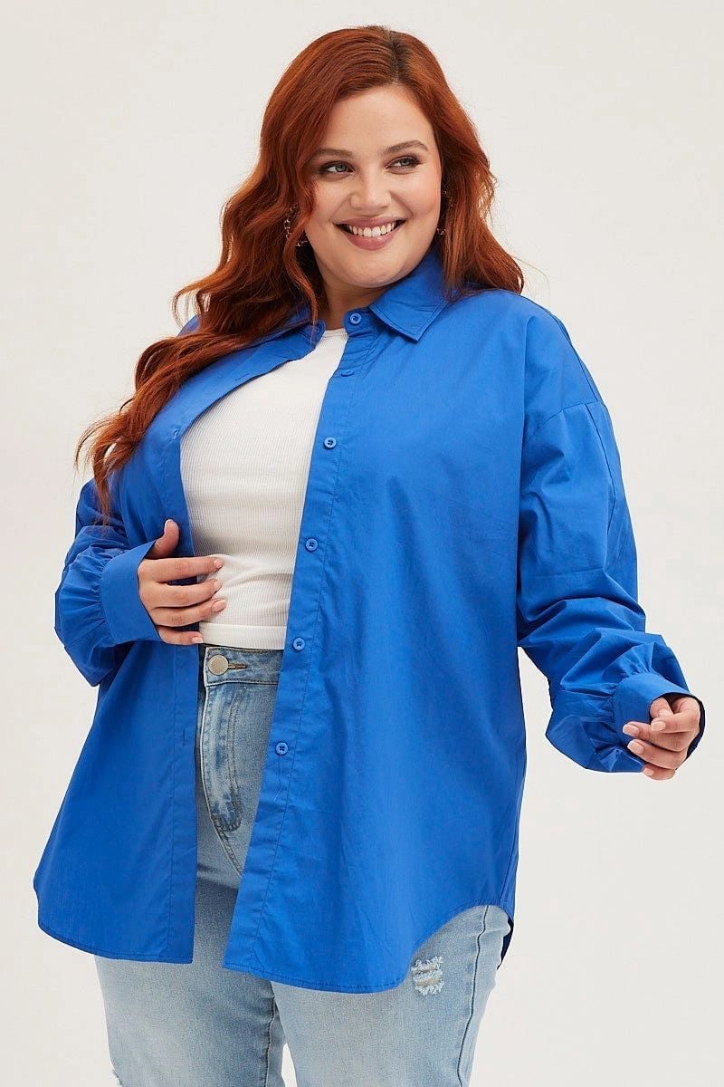 Blue Long Sleeve Oversized Cotton Shirt Evening Elegance