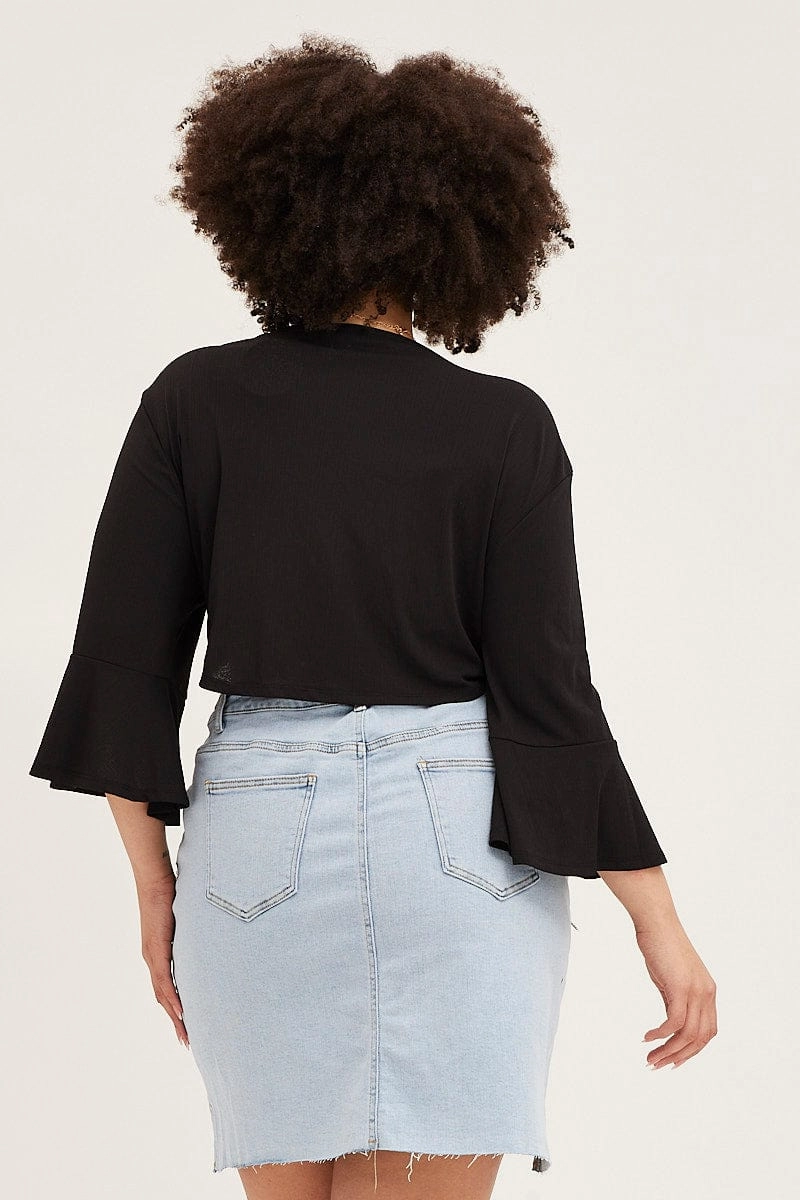 All Season Water Repellent Finish Black Ruffle Sleeve Tie Up Crop Cardigan