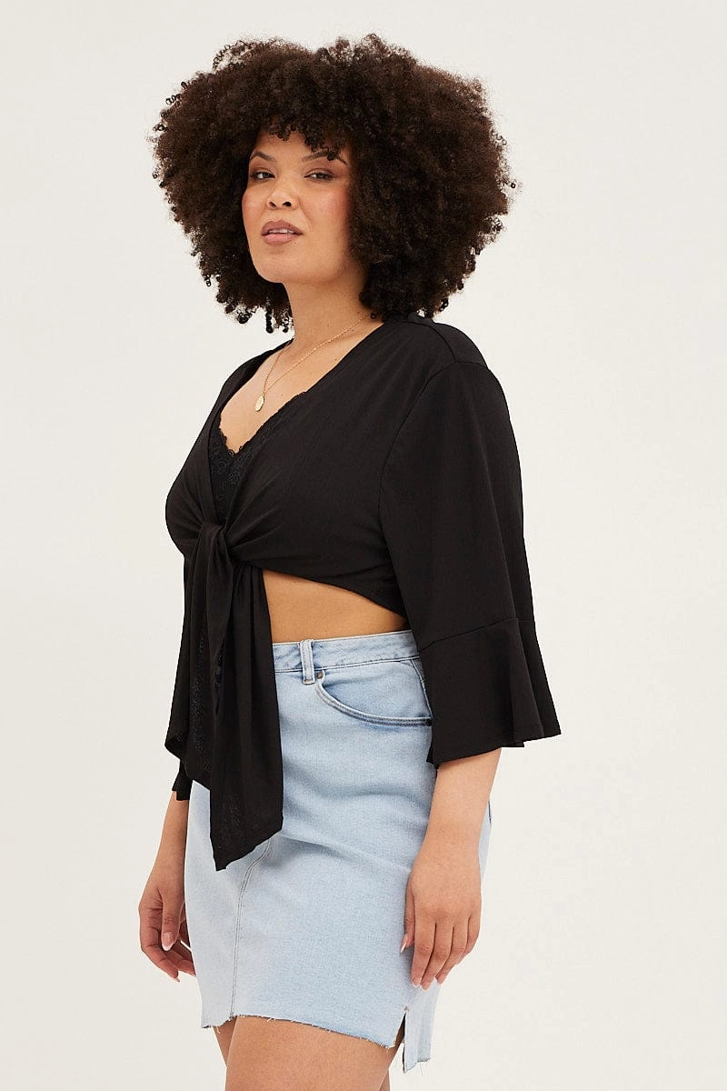 Style Staple Windproof Closure Black Ruffle Sleeve Tie Up Crop Cardigan