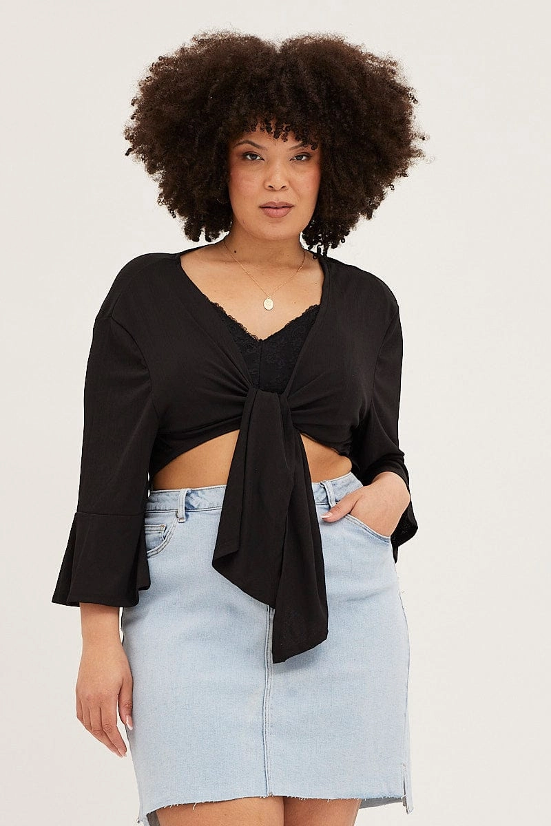Black Ruffle Sleeve Tie Up Crop Cardigan Fashion Trend
