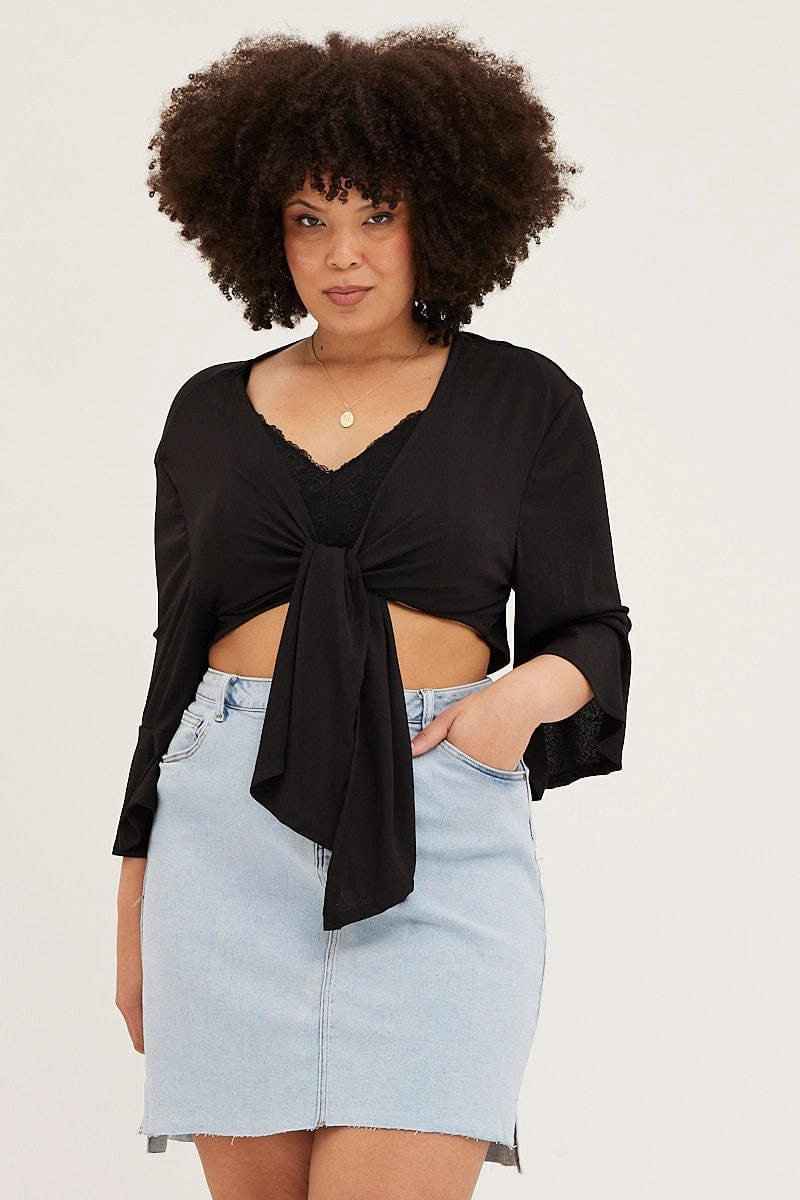 Black Ruffle Sleeve Tie Up Crop Cardigan Cozy Fit