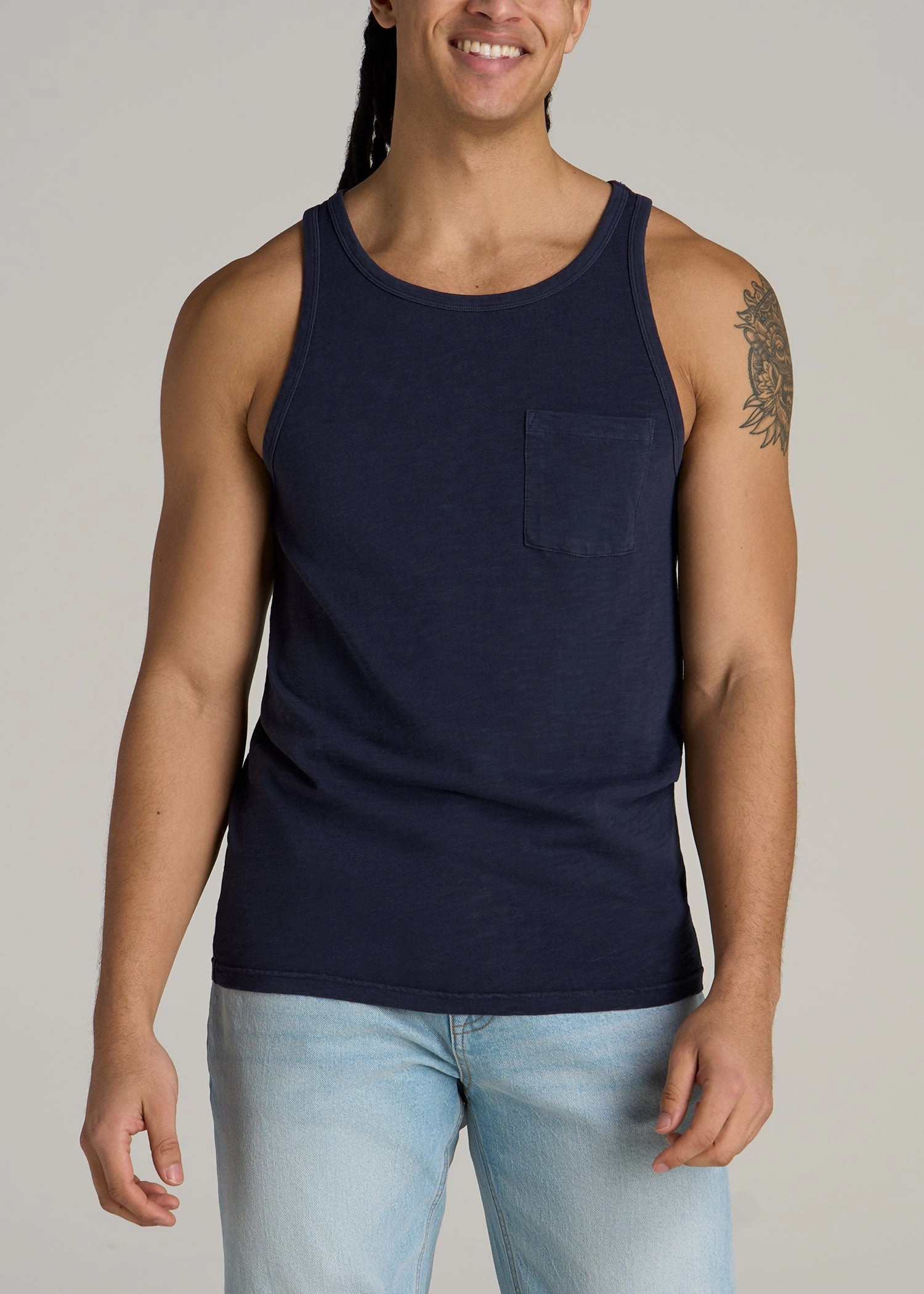 Garment Dyed Slub Pocket Tall Men's Tank Top in Evening Blue HeatRegulating Tunic top