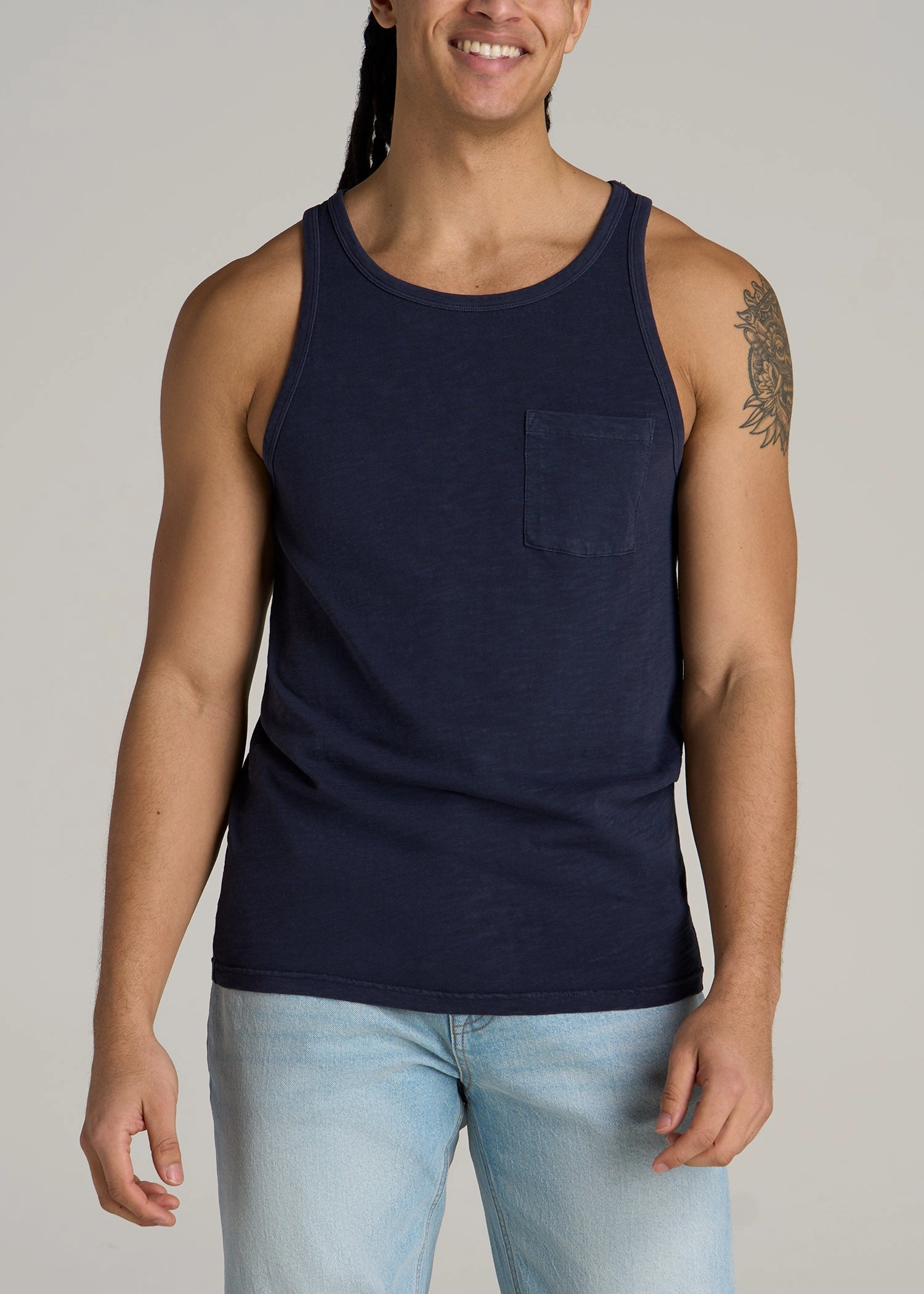 Garment Dyed Slub Pocket Tall Men's Tank Top in Evening Blue NonIrritatingStitching Textured Fabric Finish